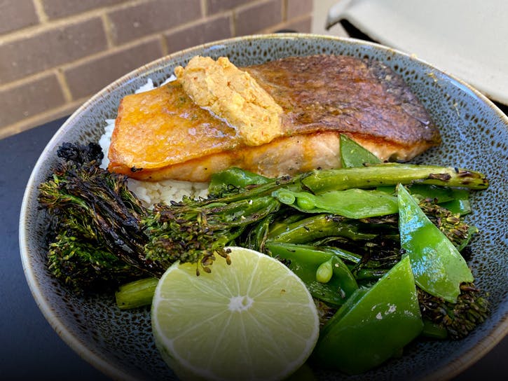 Weber CRISPY SKIN SALMON WITH LAKSA BUTTER AND GRILLED GREENS